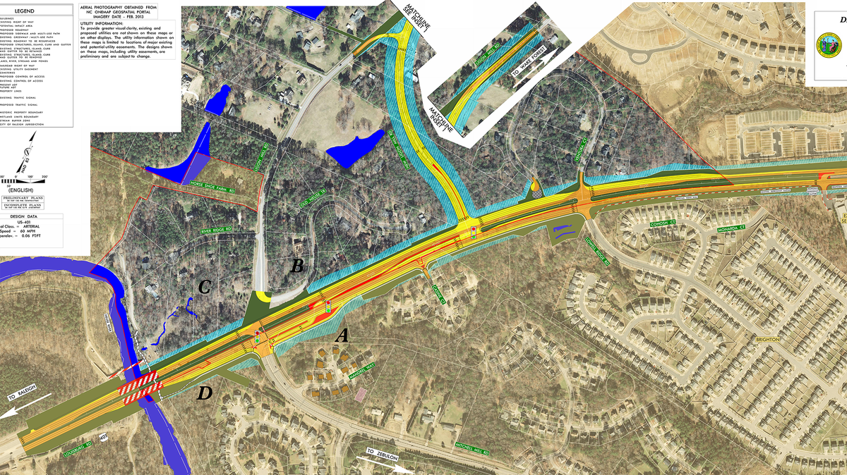 This rendering shows what the intersection of Ligon Mill/Mitchell Mill roads and U.S. 401 will look like in the future. Among other changes, Ligon Mill will be realigned to create a new intersection north of the current one. The Neuse River is left.