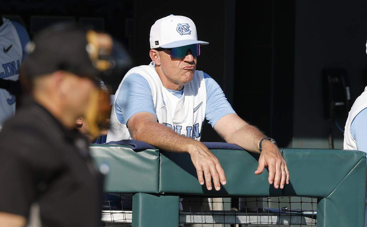 North Carolina head coach Scott Forbes watches late in USC’s 9-5 victory over UNC in the first game of the Chapel Hill Super Regional at Boshamer Stadium in Chapel Hill, N.C., Friday, June 5, 2026.
