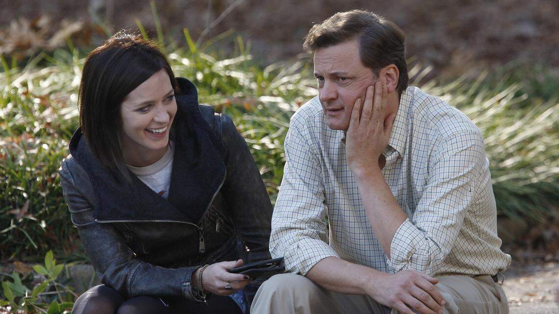 Emily Blunt and Colin Firth share a laugh during a break in filming the movie “Arthur Newman, Golf Pro” at Nash Square on McDowell Street in Raleigh on Wednesday, November 9, 2011. Firth has been tapped to play Michael Peterson in an upcoming HBO Max adaptation of “The Staircase.”