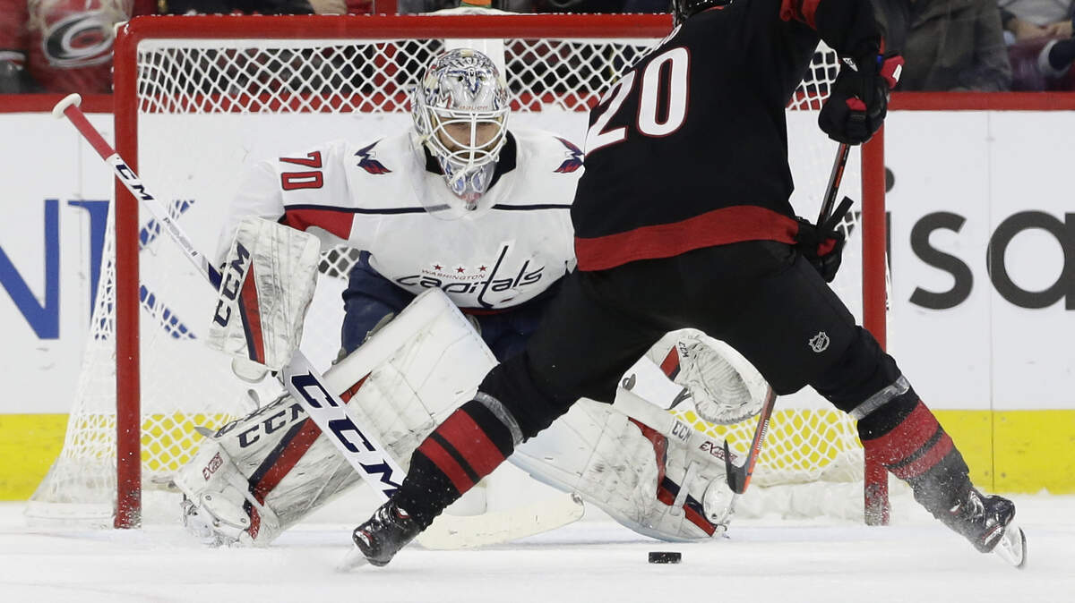 Washington Capitals goalie Braden Holtby (70) defends while Carolina Hurricanes’ Sebastian Aho shoots to score during the first period of an NHL hockey game in Raleigh, N.C., Friday, Dec. 14, 2018. (AP Photo/Gerry Broome)