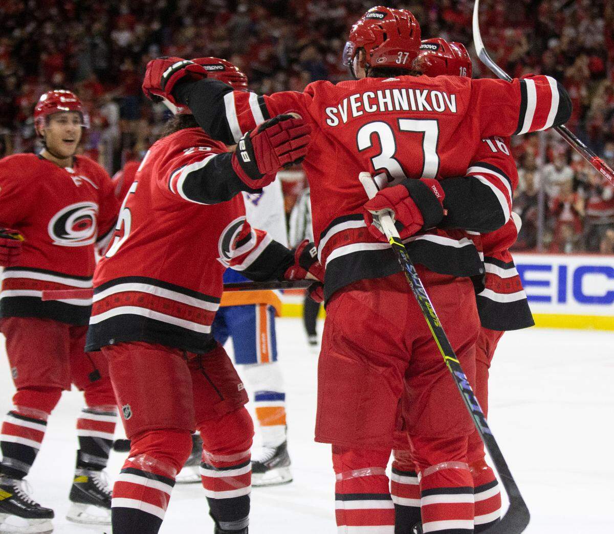 Carolina Hurricanes’ Andrei Svechnikov (37) celebrates after scoring in the first period against the New York Islanders on Thursday, October 14, 2021 at PNC Arena in Raleigh, N.C.