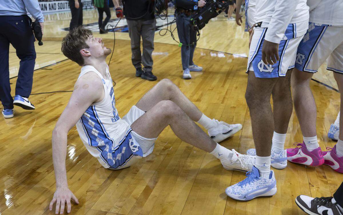 North Carolina center Henri Veesaar (13) reacts after missing two free throws in overtime, securing a 82-78 victory for VCU, on Thursday, March 18, 2026, during the first round of the NCAA Tournament at Bon Secours Arena in Greenville, S.C.