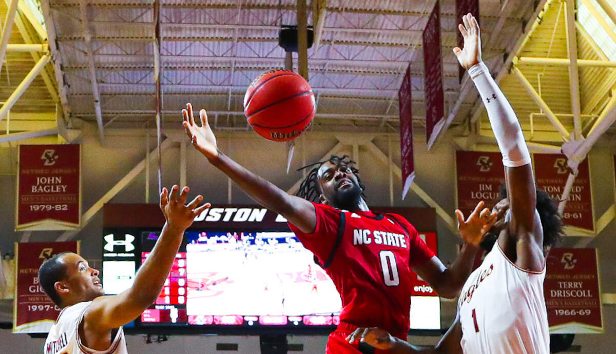 N.C. State’s D.J. Funderburk battles for a rebound against Boston College Saturday, Feb. 6, 2021.