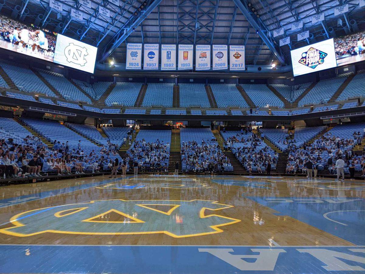 Students and fans pack the Dean E. Smith Center, known as the Dean Dome, April 4, 2022, to watch UNC play Kansas in the NCAA Men’s Basketball National Championship.
