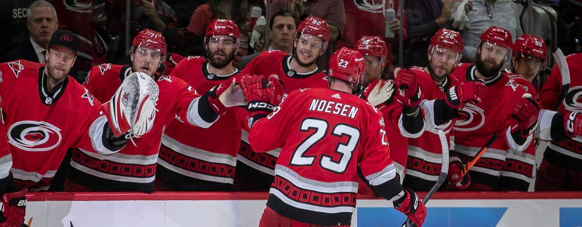 The Carolina Hurricanes Stefan Noesen (23) skates to the bench after scoring in the third period to tie the Florida Panthers 2-2 during Game 1 of the Eastern Conference Finals on Thursday, May 18, 2023 at PNC Arena in Raleigh, N.C.