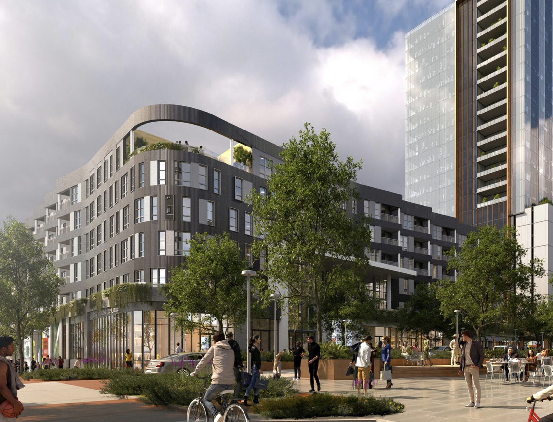 A rendering of a seven-story residential building that would bring up to 280 units to Kane Realty’s Downtown South on Saunders Street.