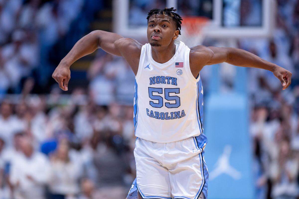 North Carolina’s Harrison Ingram (55) reacts after scoring eight points in the opening minutes of play against Tennessee on Wednesday, November 29, 2023 at the Smith Center in. Chapel Hill, N.C.
