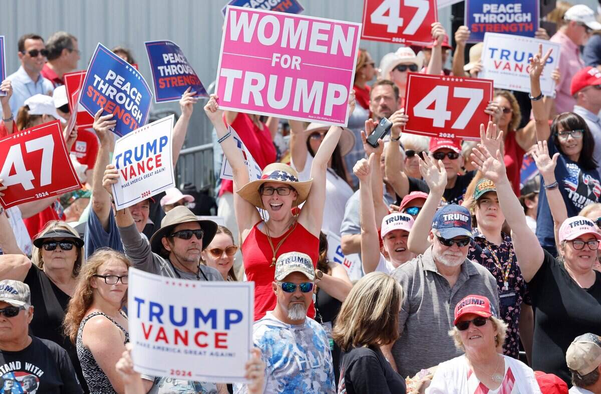 The crowd cheers before remarks by former President and current Republican candidate for president Donald Trump in Asheboro, N.C., Wednesday, August 21, 2024.