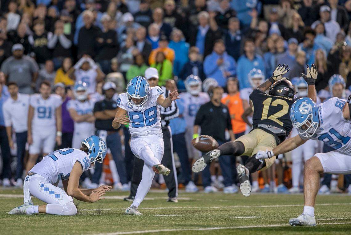 North Carolina kicker Noah Burnette (88) connects for a 33-yard field goal to give the Tar Heels a 36-34 lead over Wake Forest in the fourth quarter on Saturday, November 12, 2022 at Truist Field in Winston-Salem, N.C. North Carolina’s defense held Wake scoreless in the last two minutes to secure the victory.