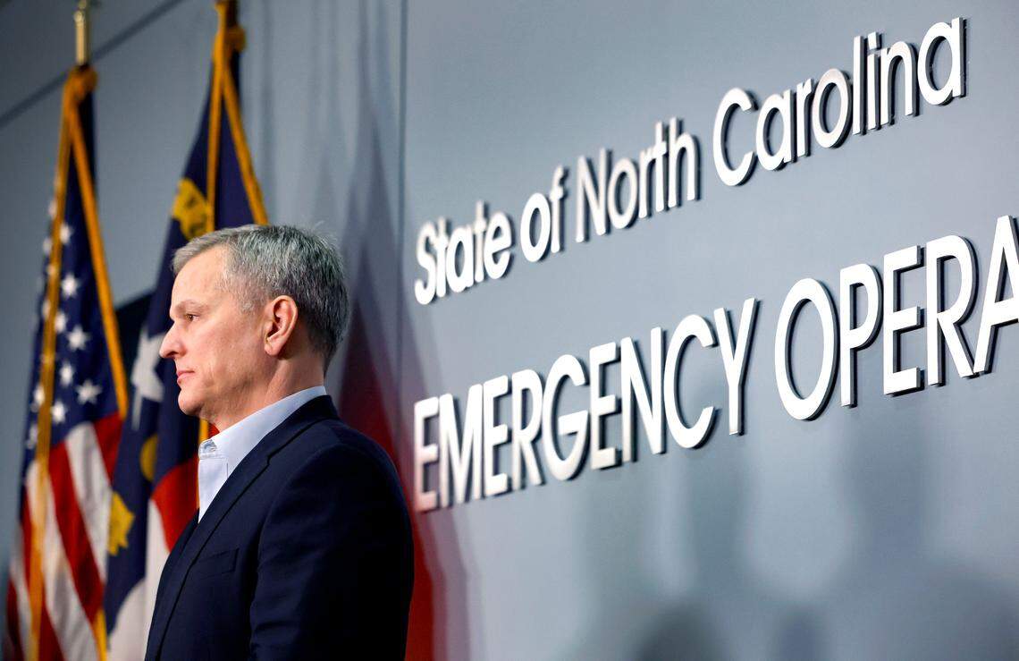 N.C. Gov. Josh Stein listens as William Ray, director of N.C. Emergency Management, gives an update on preparations for the impending winter storm during a briefing at the Emergency Operations Center in Raleigh, N.C., Friday, Jan. 10, 2025.
