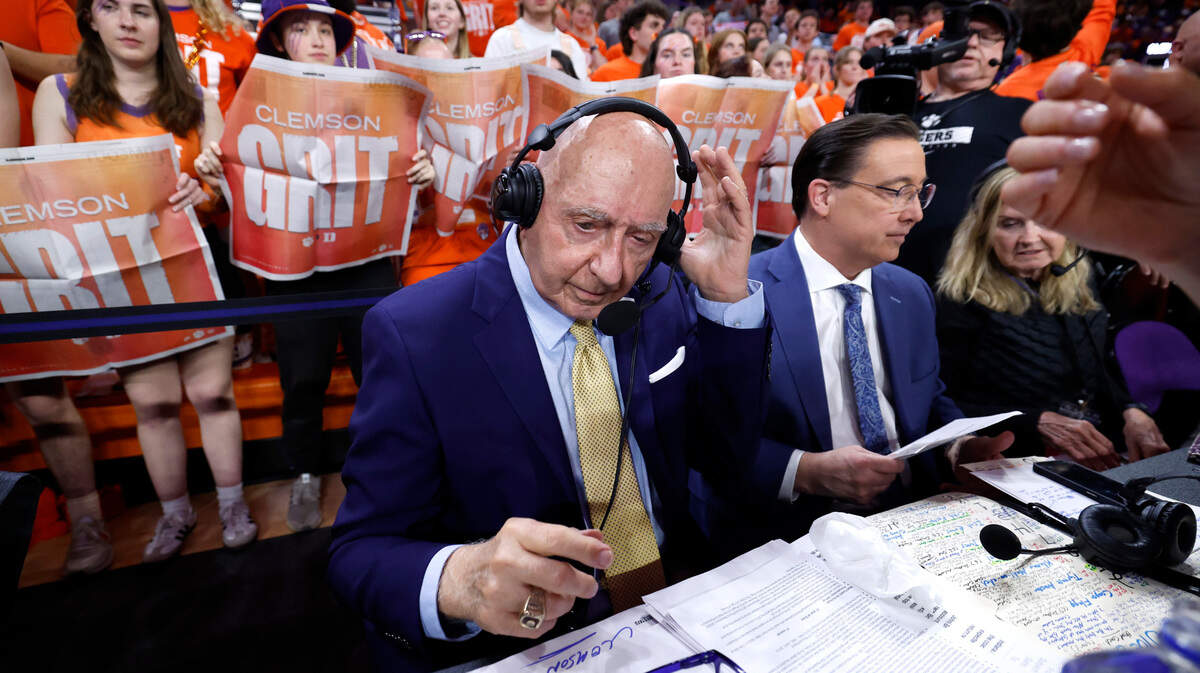 Dick Vitale gets ready to broadcast before Duke’s game against Clemson at Littlejohn Coliseum in Clemson, S.C., Saturday, Feb. 8, 2025.