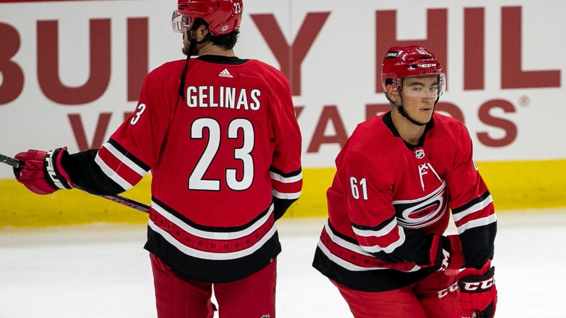 Carolina Hurricanes’ Ryan Suzuki (61) skates with teammate Eric Gelinas (23) as they warm up for their exhibition game against Tampa Bay on Tuesday, September 28, 2021 at PNC Arena in Raleigh, N.C.
