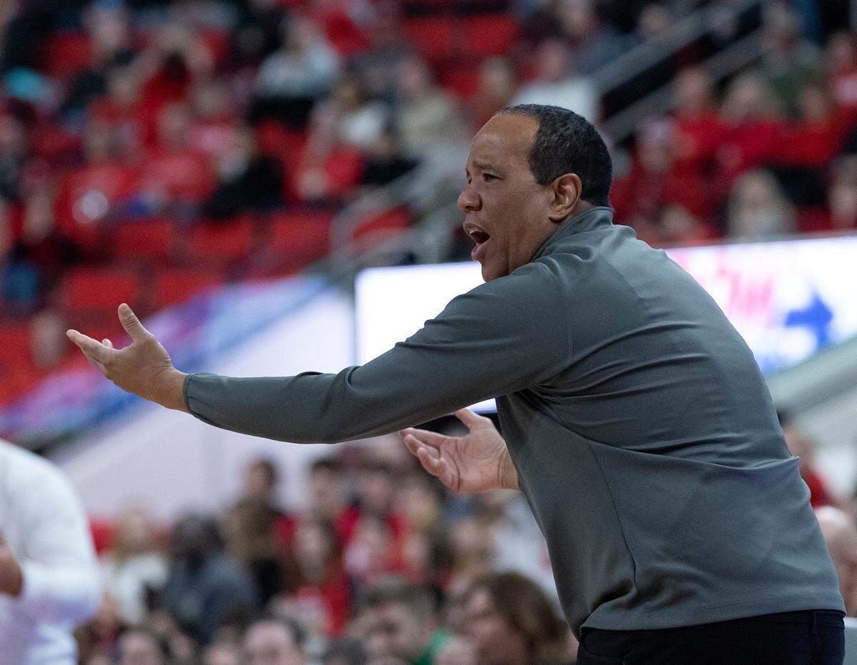 N.C. State head coach Kevin Keatts gestures on the sidelines during the second half of the Wolfpack’s 66-65 win over Notre Dame on Wednesday, Jan. 8, 2025, at Lenovo Center in Raleigh, N.C.