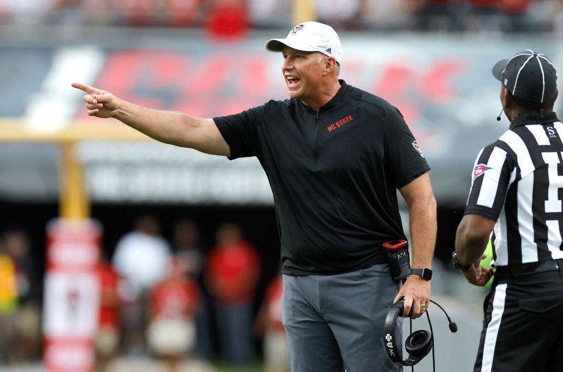 N.C. State head coach Dave Doeren yells to the officials during the first half of N.C. State’s game against Notre Dame at Carter-Finley Stadium in Raleigh, N.C., Saturday, Sept. 9, 2023.