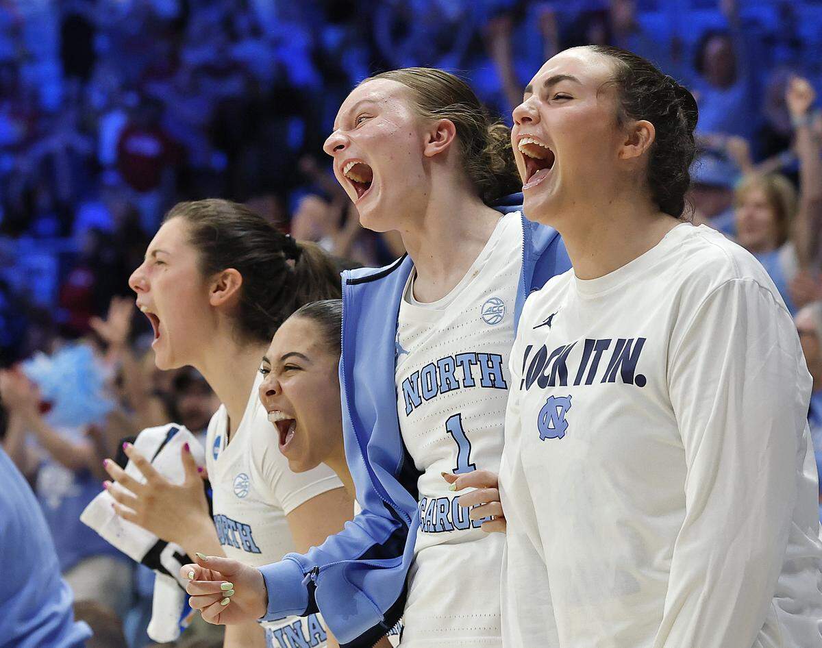The North Carolina bench reacts following a basket by Lanie Grant late in the second half of the Tar Heels’ 74-66 second-round NCAA Tournament win over Maryland on Sunday, March 22, 2026, at Carmichael Arena in Chapel Hill, N.C.