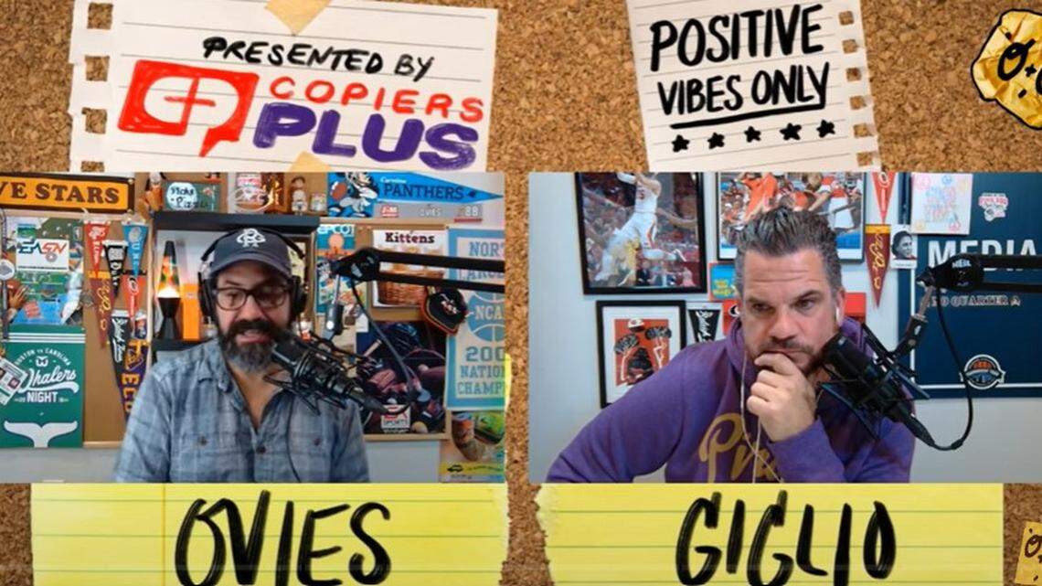 Joe Ovies, left, and Joe Giglio host the “Ovies + Giglio” sports talk show, available via podcast or YouTube.