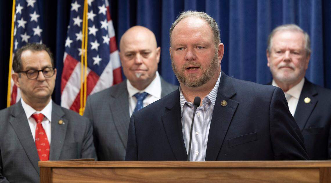 Senato Ralph Hise, outlines state budget items directed to Hurricane Helene relief efforts in Western North Carolina, during a press briefing on Monday, April 14, 2025 at the North Carolina General Assembly in Raleigh, N.C.