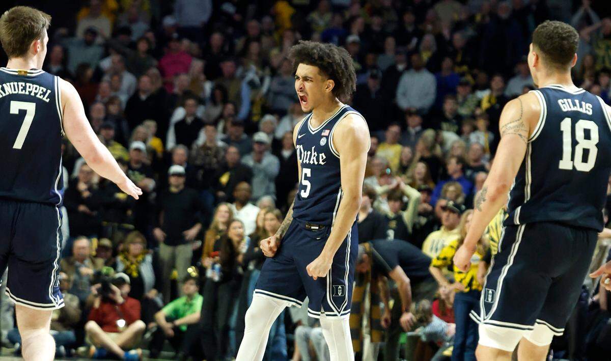 Duke’s Tyrese Proctor (5) celebrates after hitting a three-pointer during the second half of Duke’s 63-56 victory over Wake Forest at LJVM Coliseum in Winston-Salem, N.C., Saturday, Jan. 25, 2025.