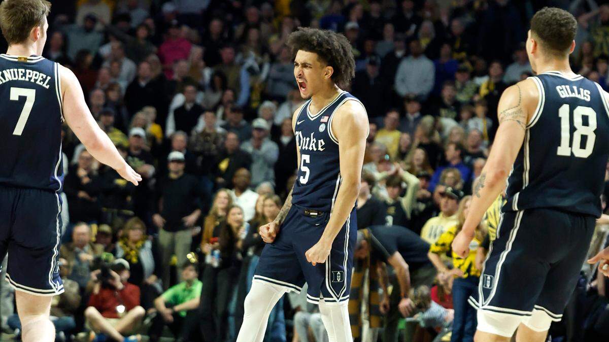 Duke’s Tyrese Proctor (5) celebrates after hitting a three-pointer during the second half of Duke’s 63-56 victory over Wake Forest at LJVM Coliseum in Winston-Salem, N.C., Saturday, Jan. 25, 2025.