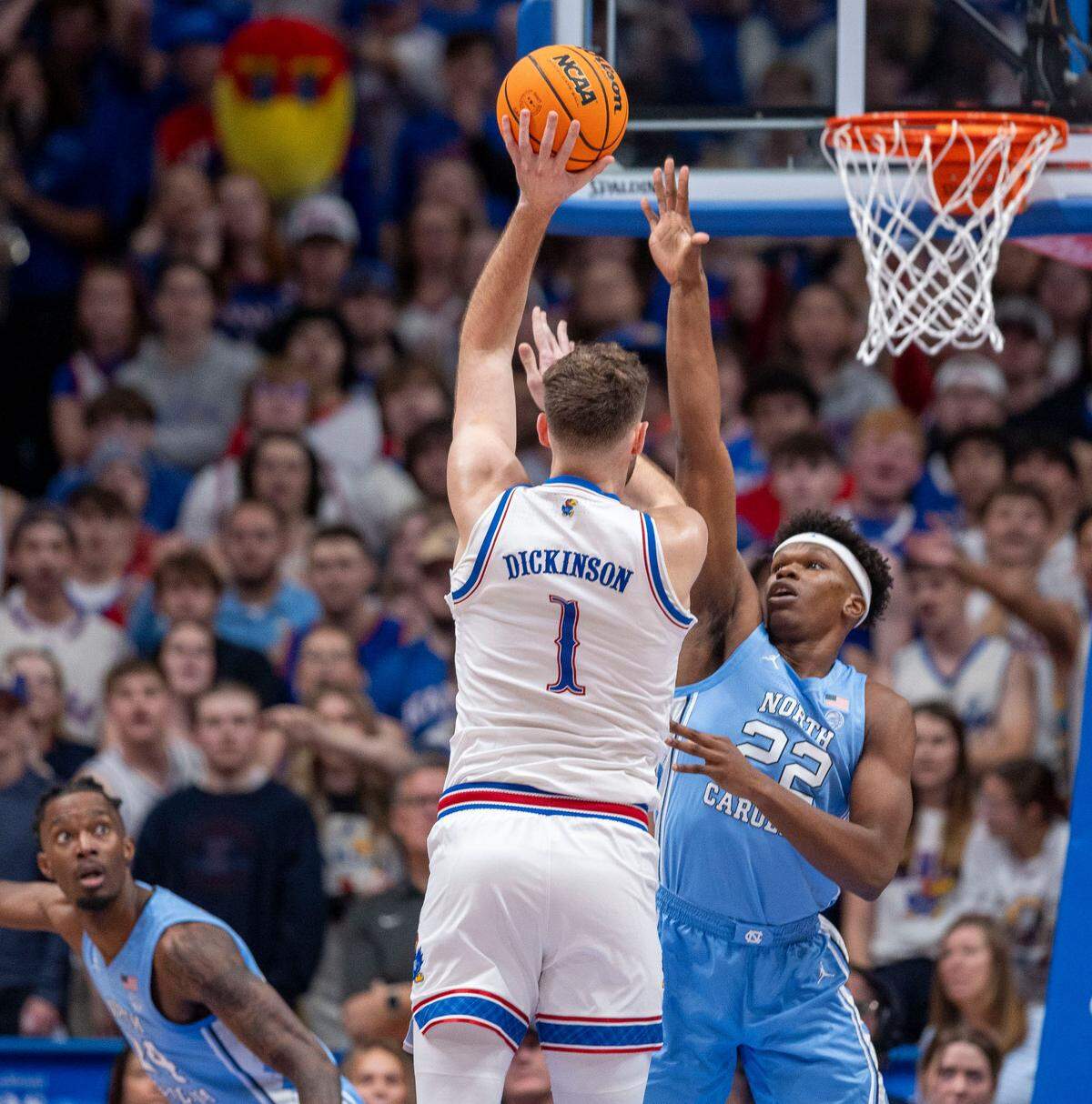 Kansas forward Hunter Dickinson (1) puts up a shot over North Carolina forward Ven-Allen Lubin (22) in the first half on Friday, November 8, 2024 at Allen Fieldhouse in Lawrence, Kansas. Dickinson scores 20 points in there Jayhawks’ victory.
