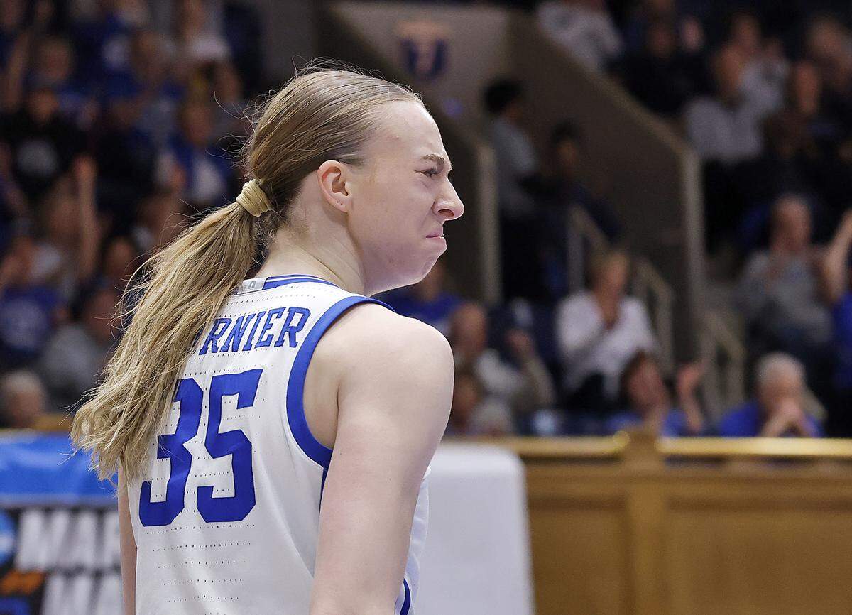 Duke’s Toby Fournier reacts after drawing an and-one during the first half of the Blue Devils’ first-round NCAA Tournament game against College of Charleston on Friday, March 20, 2026, at Cameron Indoor Stadium in Durham, N.C.