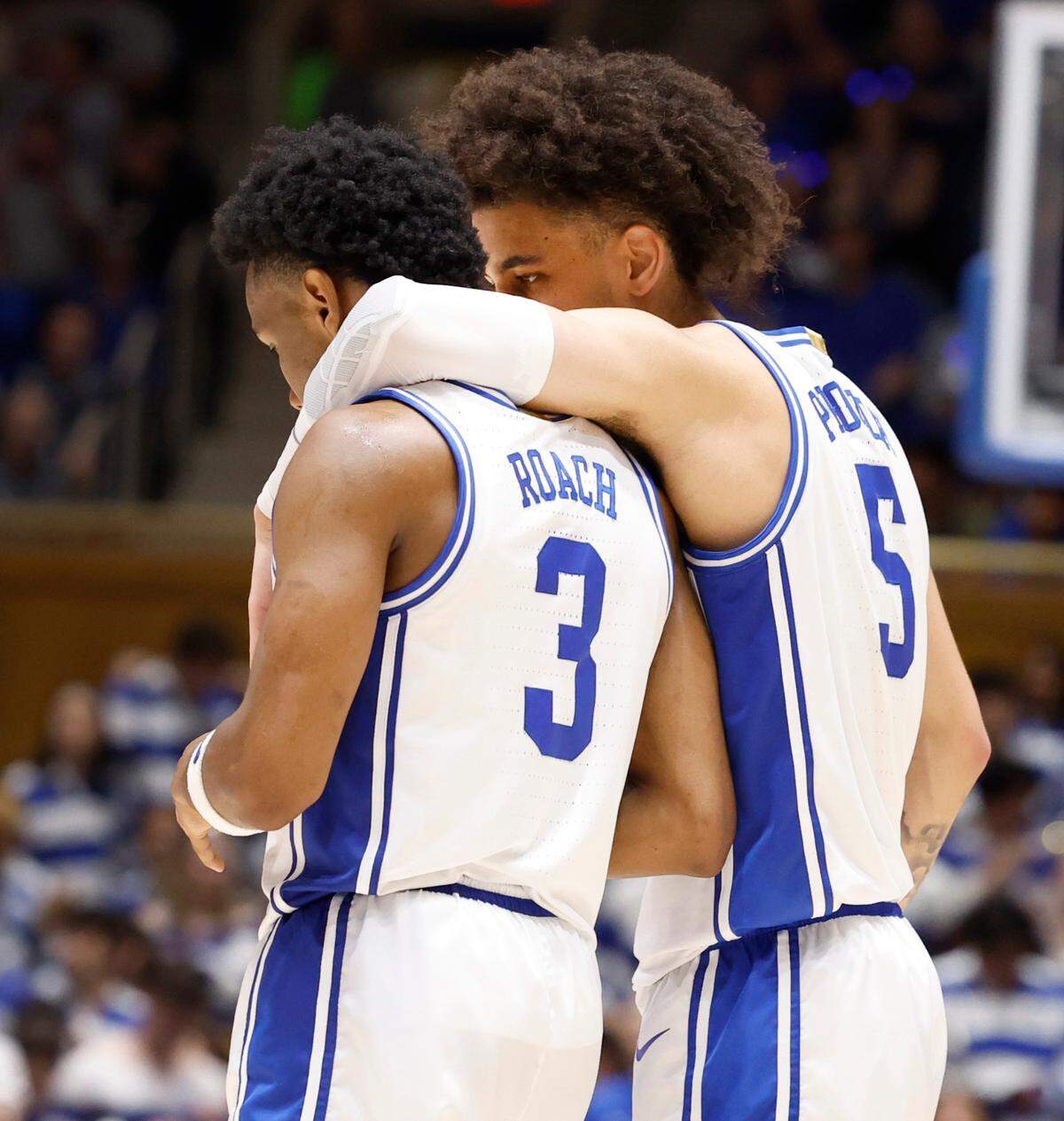 Duke’s Tyrese Proctor (5) talks with Jeremy Roach (3) in the second half of UNC’s 84-79 victory over Duke at Cameron Indoor Stadium in Durham, N.C., Saturday, March 9, 2024.