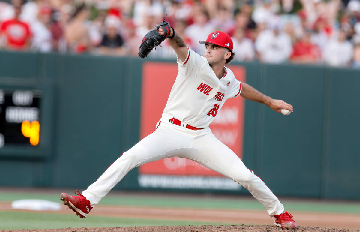 N.C. State’s Cooper Consiglio (28) pitches during N.C. State’s game against South Carolina in the NCAA Raleigh Regional at Doak Field Saturday, June 1, 2024.
