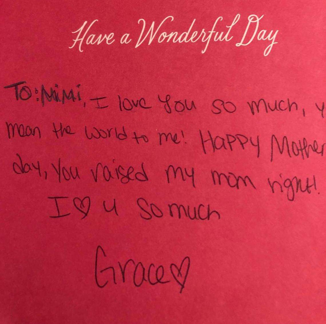 A card Grace wrote to her grandmother, in her adoptive family. Grace was adopted from her biological mother, an unhoused woman who was living in a tent, apparently after it was discovered she was giving the weeks-old baby watered-down vodka.