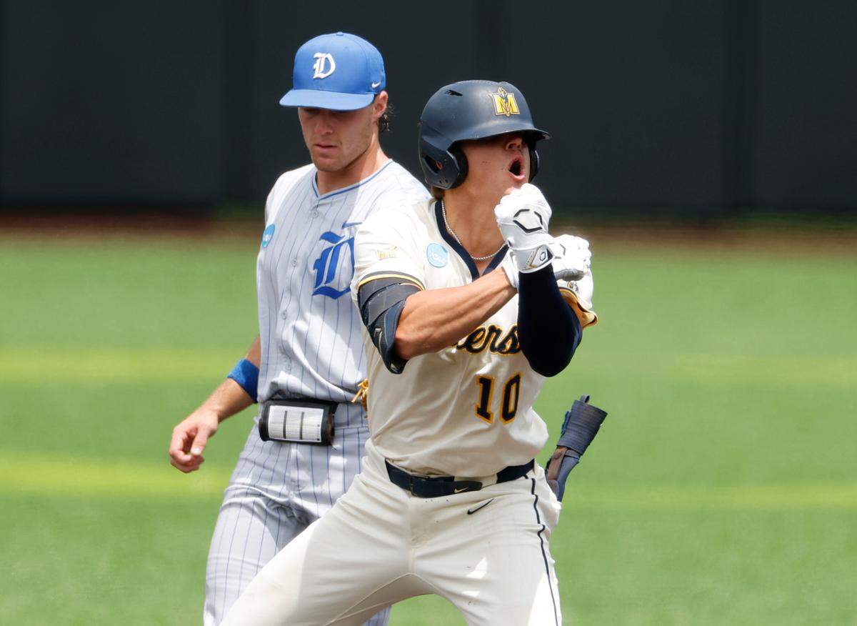 Murray State’s Dustin Mercer (10) celebrates hitting a double in the first inning during Duke’s game against Murray St. in the second game of Durham Super Regional at Jack Coombs Field in Durham, N.C., Sunday, June 8, 2025.