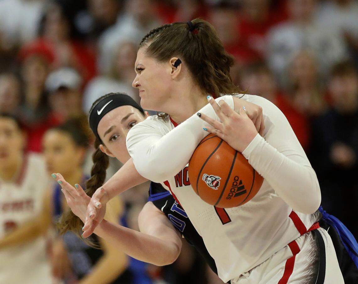Duke’s Kennedy Brown pressures N.C. State’s River Baldwin during the first half of the Wolfpack’s 72-57 win on Sunday, Jan. 21, 2024, at Reynolds Coliseum in Raleigh, N.C.