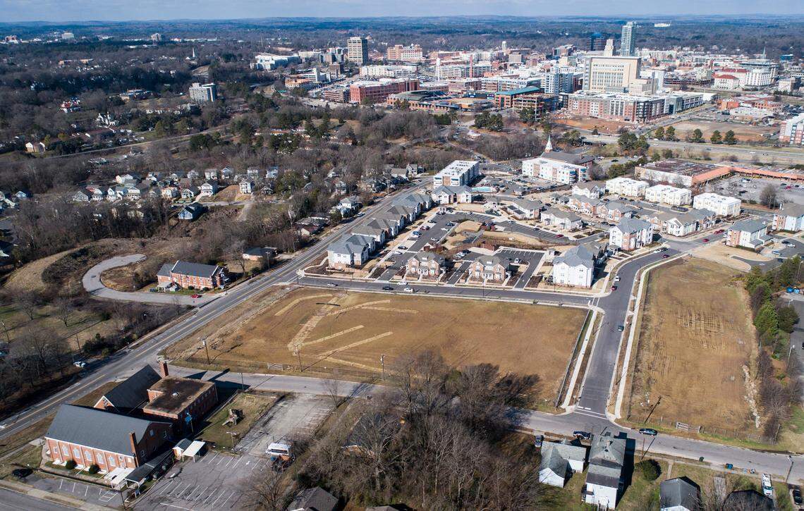 Downtown Durham and nearby housing developments continue to grow outward towards Mt. Vernon Baptist Church, bottom left corner. However, the church has been land banking, keeping property in the hands of those at risk of being displaced, over the years.