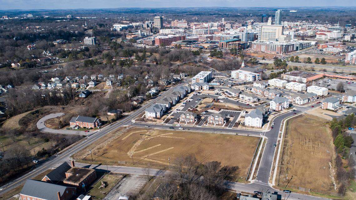 Downtown Durham and nearby housing developments continue to grow outward towards Mt. Vernon Baptist Church, bottom left corner. However, the church has been land banking, keeping property in the hands of those at risk of being displaced, over the years.
