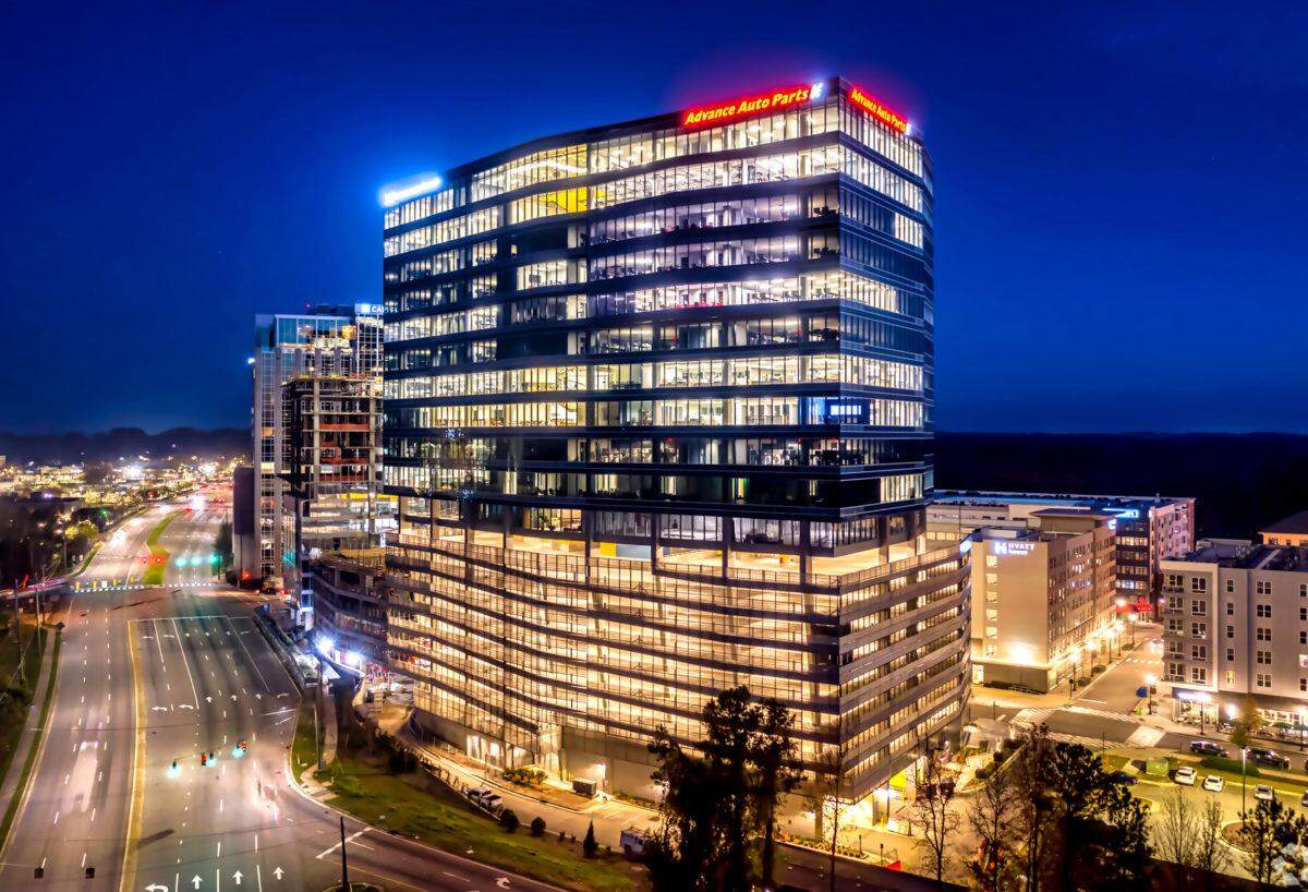 The Advance Auto Parts Tower opened on Six Forks Road in North Hills in 2020 and was 99% leased by mid-2022.