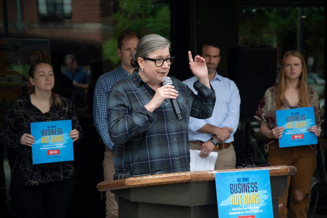Restaurateur Ashley Christensen speaks during a press conference organized by Triangle business leaders.