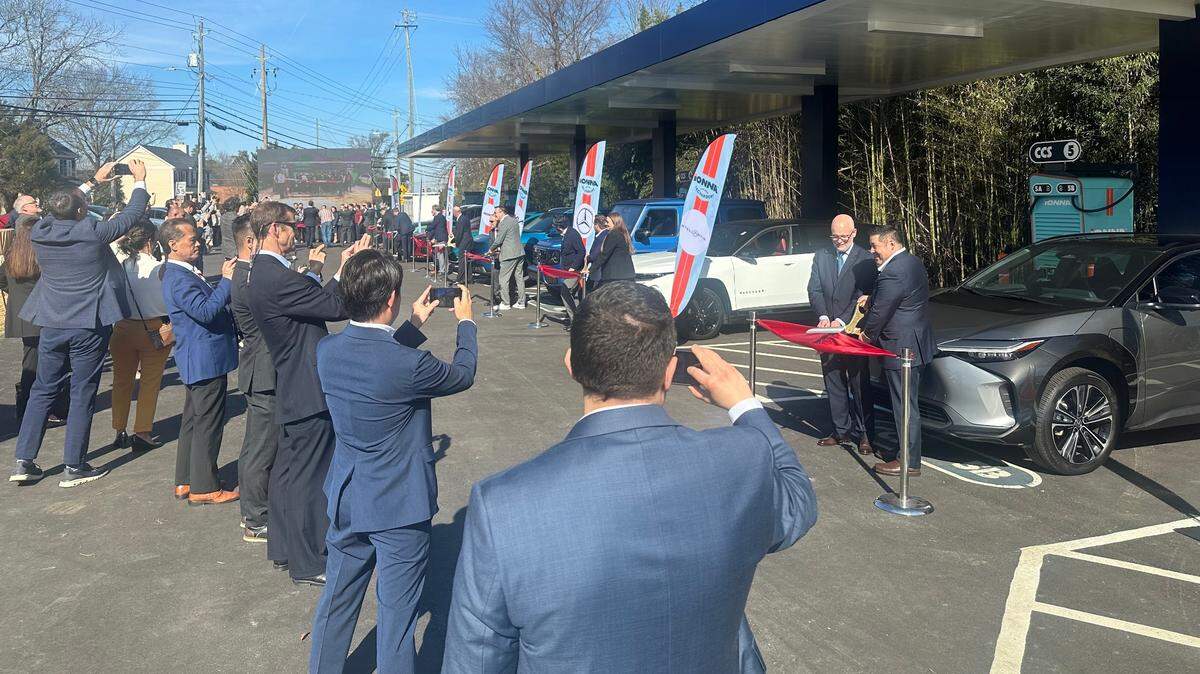 Representatives of eight car makers were on hand to cut ribbons on the IONNA “rechargery,” an electric vehicle charging station in Apex, North Carolina, on Tuesday, Feb. 4, 2025.