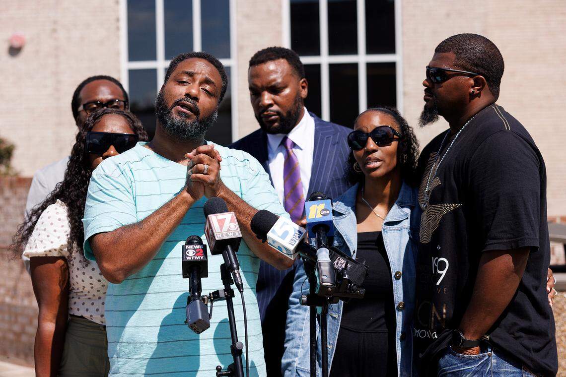 Kori Magee, father of Javion Magee, speaks about his son during a press conference in front of the Vance County Courthouse in Henderson, N.C. on Wednesday, Sept. 18, 2024. Javion Magee, 21, was found dead by a tree with a rope around his neck in Henderson on Sept. 11.