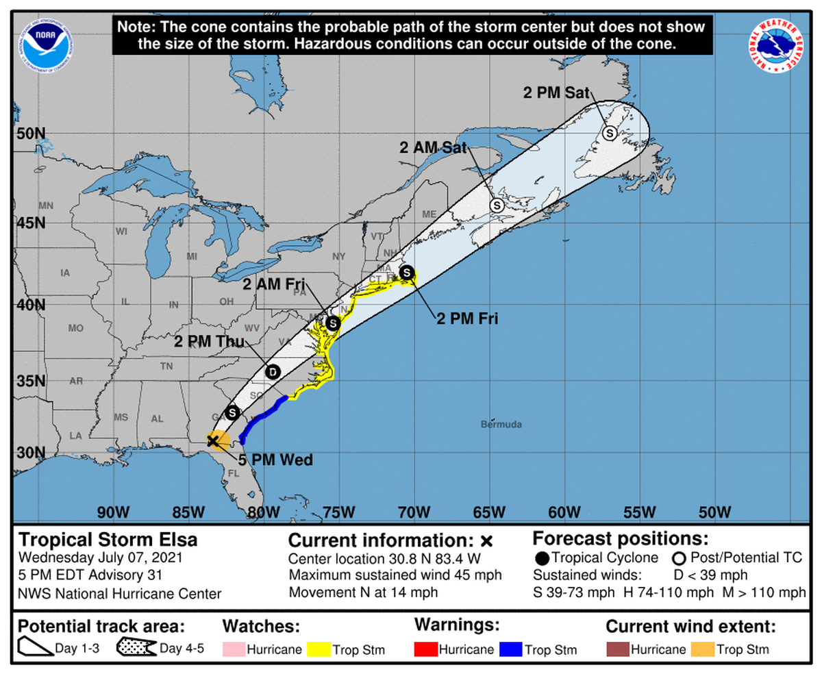 A map from the National Weather Service shows Elsa’s projected path as of 5 p.m. Wednesday.
