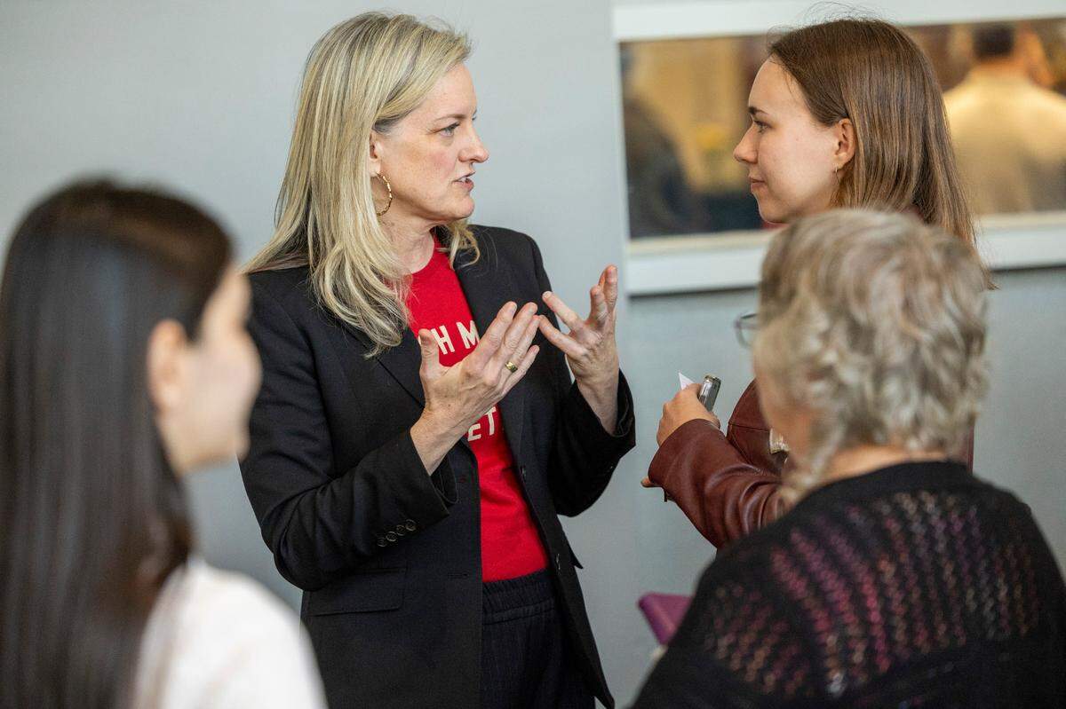 Raleigh Mayor Janet Cowell talks with constituents after delivering her State of the City address at the Raleigh Convention Center on Wednesday, March 26, 2025.