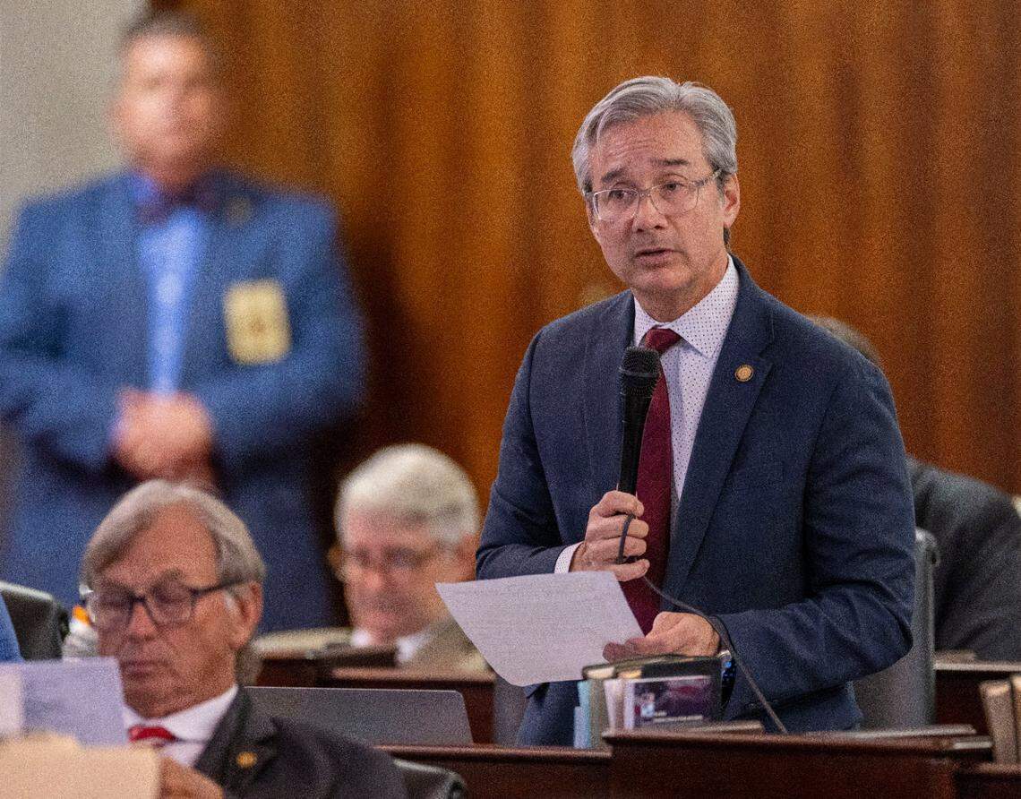 Senator Michael V. Lee of New Hanover County, outlines the spending allocations for SB 743, a relief package for Western North Carolina in the wake of Hurricane Helene, on Thursday, October 24, 2024 at the General Assembly in Raleigh, N.C.