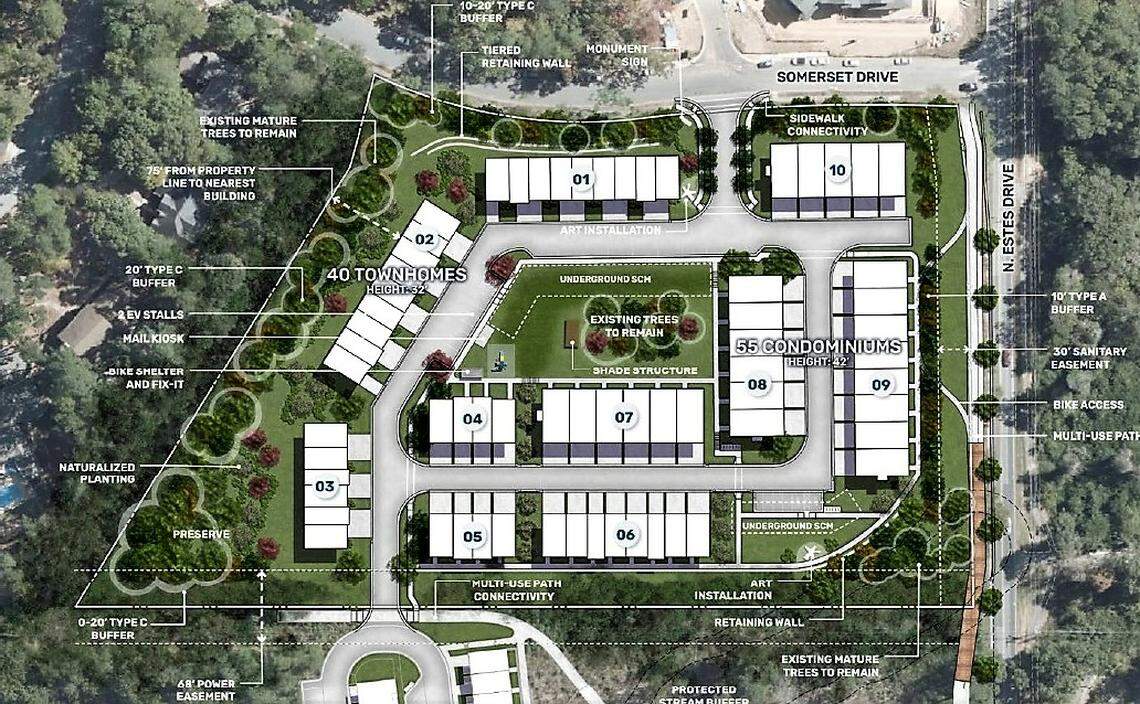 A development approved Wednesday, Oct. 19, 2022, would bring 107 condos and townhomes to Estes Drive in Chapel Hill. Driveways would connect with Somerset Drive and the Aura Chapel Hill project pending next door.