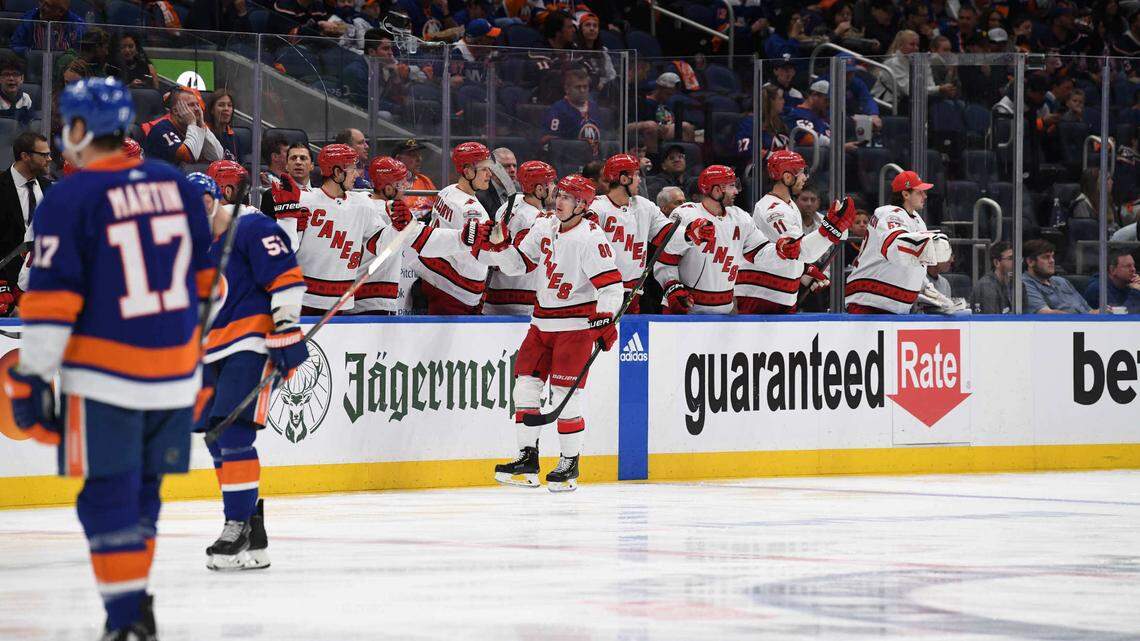 Carolina Hurricanes center Martin Necas (88) celebrates his goal against the New York Islanders with the Carolina Hurricanes bench during the second period in game four of the first round of the 2023 Stanley Cup Playoffs at UBS Arena.