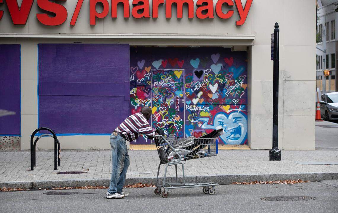 The CVS on Fayetteville Street, photographed on Tuesday, September 1, 2020, has been closed since May, 2020 after the store was looted and burned by protesters following the death of George Floyd.
