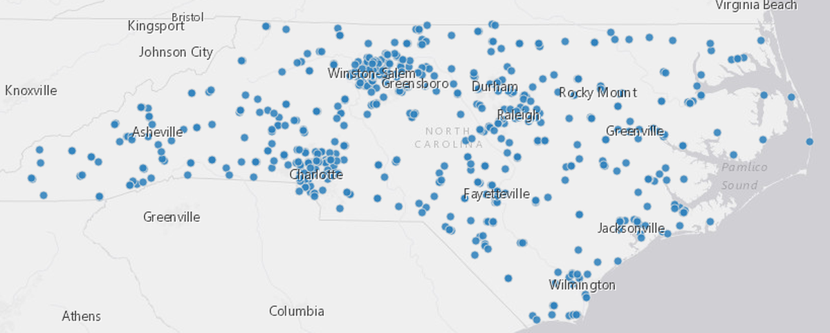 A map of all the solid waste landfills in North Carolina, created by the N.C. Department of Environmental Quality