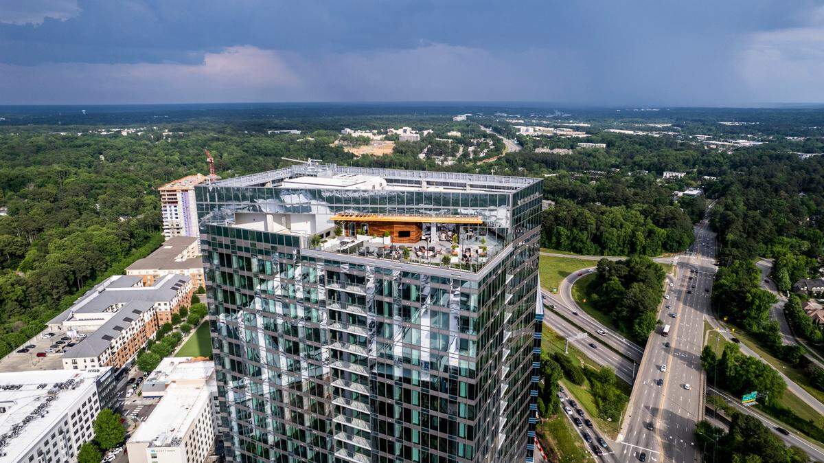 Exterior views of Kane Realty’s 36-story luxury apartment tower off Six Forks Road called the Eastern Residences at North Hills in Raleigh Friday, May 6, 2022.