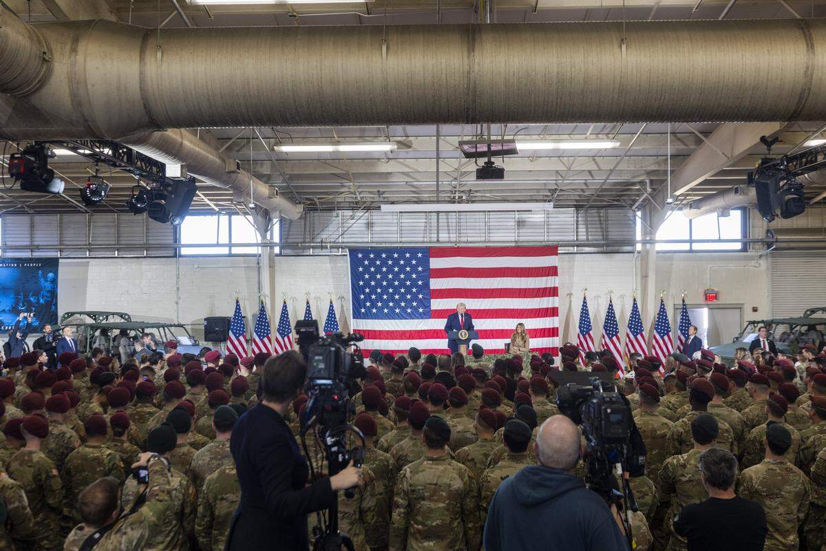 Soldiers from the XVIII Airborne Corps listen to President Donald Trump speak at Fort Bragg in Fayetteville Friday, Feb. 13, 2026.