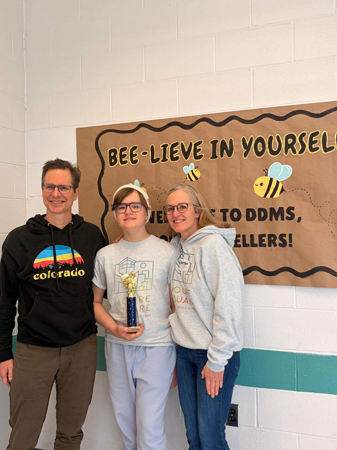 Holden Good and his family after he won the Wake County spelling bee earlier this year.