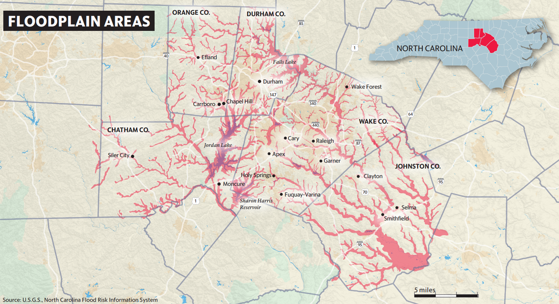 A map of flood plains in the Triangle region. While much of the flooding from Hurricane Florence is expected to occur further to the south and east, the Triangle will still experience some flooding, particularly from flash floods in flood-prone areas.