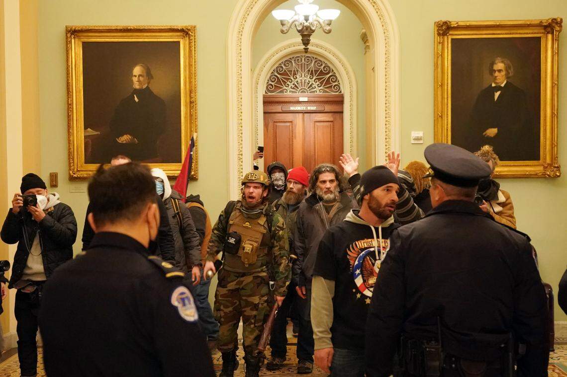 People protesting the presidential election results inside the Capitol in Washington on Wednesday, Jan. 6, 2020. The Capitol building was placed on lockdown, with senators and members of the House locked inside their chambers, as Congress began debating President-elect Joe Biden’s victory. President Trump addressed supporters near the White House before protesters marched to Capitol Hill. (Erin Schaff/The New York Times)