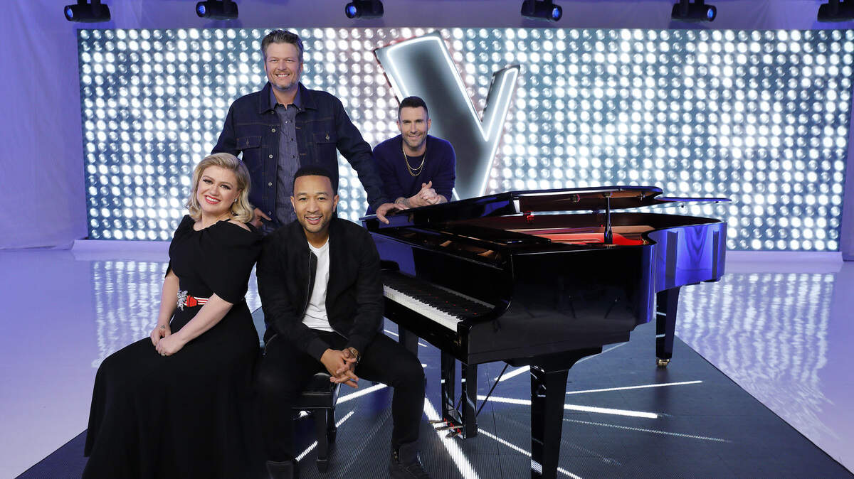 (L-R): Kelly Clarkson, Blake Shelton, John Legend and Adam Levine on “The Voice.”