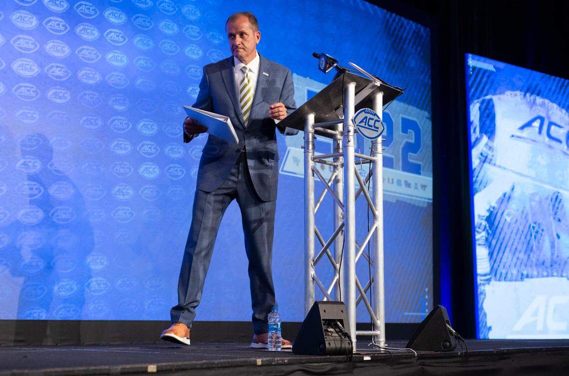 ACC Commissioner Jim Phillips steps away from dais at the conclusion of his Commissioner’s Forum during the 2022 ACC Football Kickoff on Wednesday, July 20, 2022 in Charlotte, N.C.